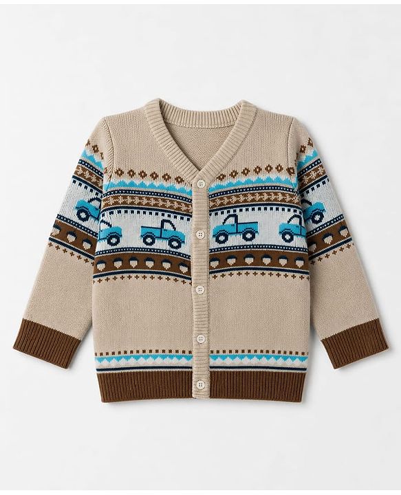 Babyhug Knit Full Sleeves Sweater Set With Vehicles Design - Cream