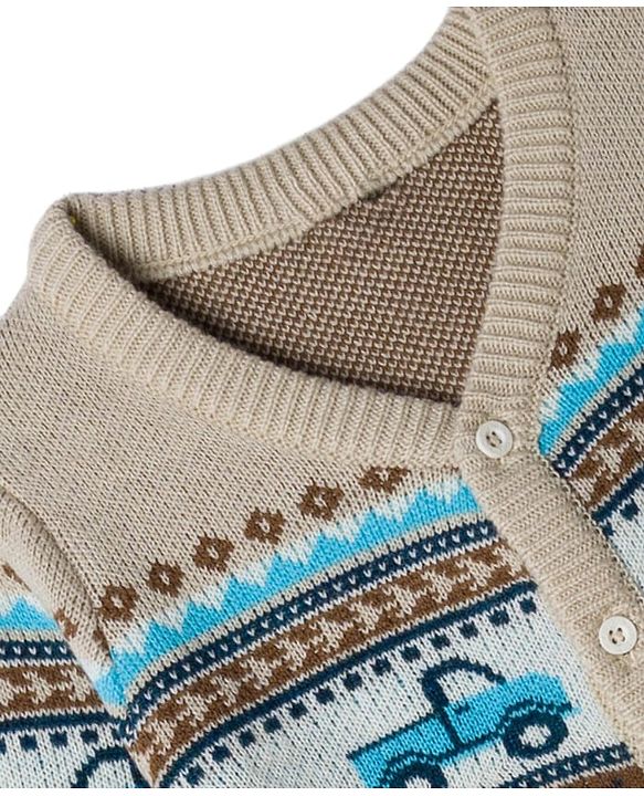 Babyhug Knit Full Sleeves Sweater Set With Vehicles Design - Cream
