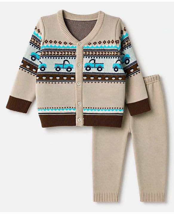 Babyhug Knit Full Sleeves Sweater Set With Vehicles Design - Cream