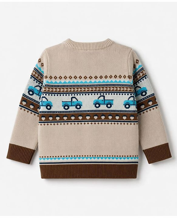 Babyhug Knit Full Sleeves Sweater Set With Vehicles Design - Cream