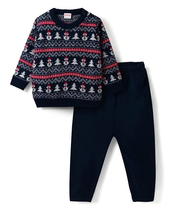 Babyhug Knit Full Sleeves Snow Man Designed Sweater Set -Navy