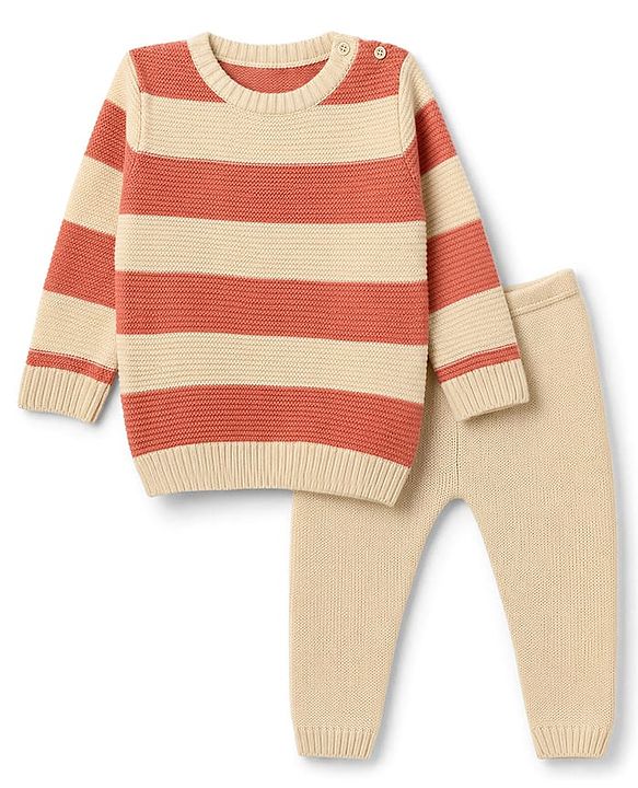 Babyhug Knit Full Sleeves Striped Sweater Set - Rust Orange