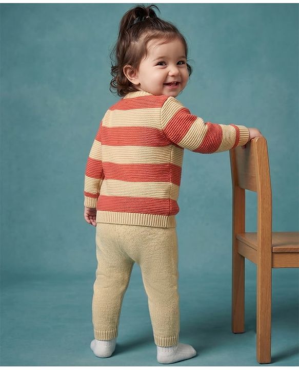 Babyhug Knit Full Sleeves Striped Sweater Set - Rust Orange