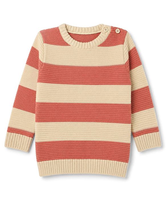 Babyhug Knit Full Sleeves Striped Sweater Set - Rust Orange
