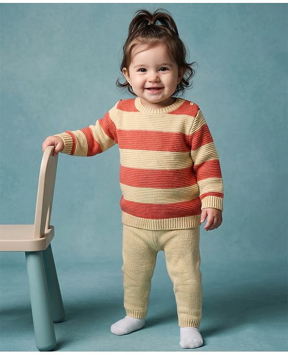 Babyhug Knit Full Sleeves Striped Sweater Set - Rust Orange