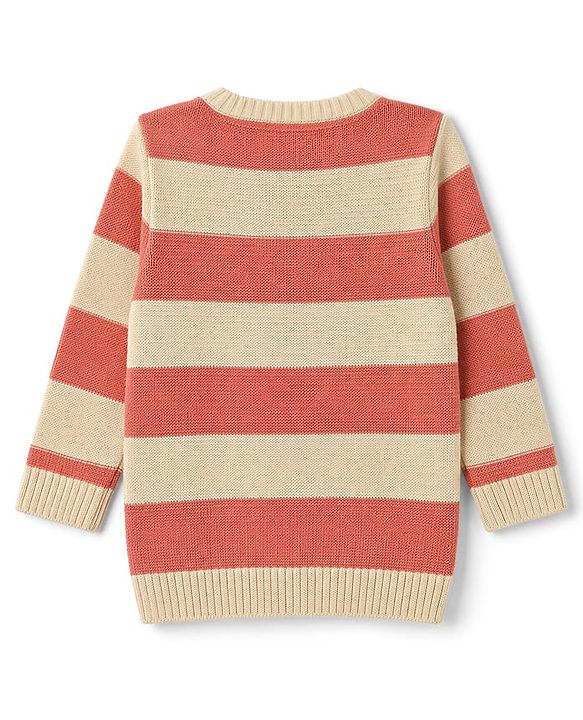 Babyhug Knit Full Sleeves Striped Sweater Set - Rust Orange
