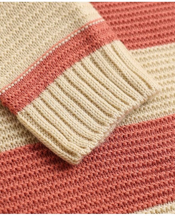Babyhug Knit Full Sleeves Striped Sweater Set - Rust Orange