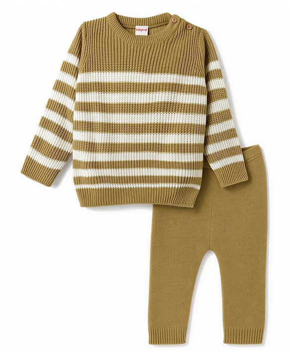 Babyhug  Female Knit Full Sleeves Sweater Set with Striped Design - White