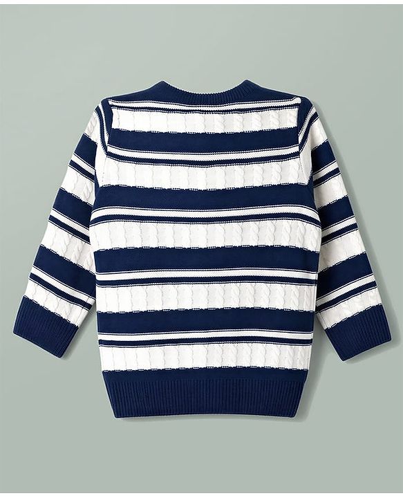 Babyhug Knit Full Sleeves Front Open Striped Sweater Set - Navy