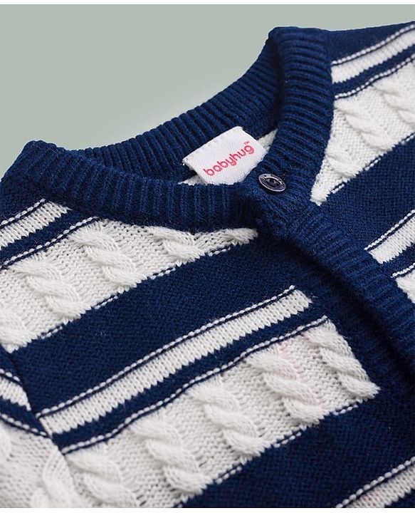 Babyhug Knit Full Sleeves Front Open Striped Sweater Set - Navy