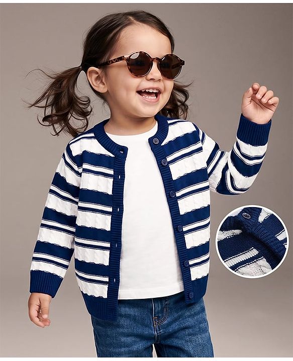 Babyhug Knit Full Sleeves Front Open Striped Sweater Set - Navy