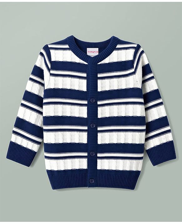 Babyhug Knit Full Sleeves Front Open Striped Sweater Set - Navy