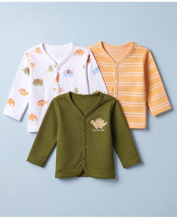 Babyhug 100% Cotton Interlock Knit Full Sleeves Jhablas With Animal Print Pack of 3 - White Olive Green & Orange
