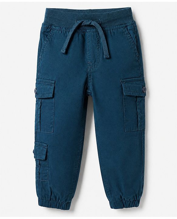 Babyhug 100% Cotton Woven Full Length Solid Jogger in Blue