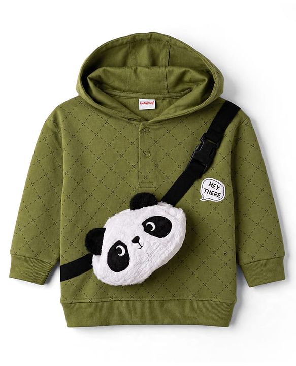 Babyhug 100% Cotton Knit Full Sleeves Checked Hooded T-Shirt & Jogger Set With Panda Applique - Green & Navy Blue