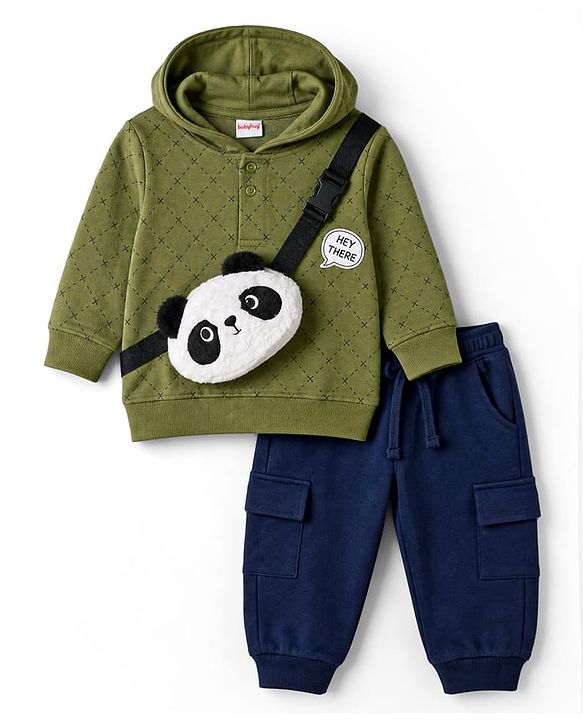 Babyhug 100% Cotton Knit Full Sleeves Checked Hooded T-Shirt & Jogger Set With Panda Applique - Green & Navy Blue