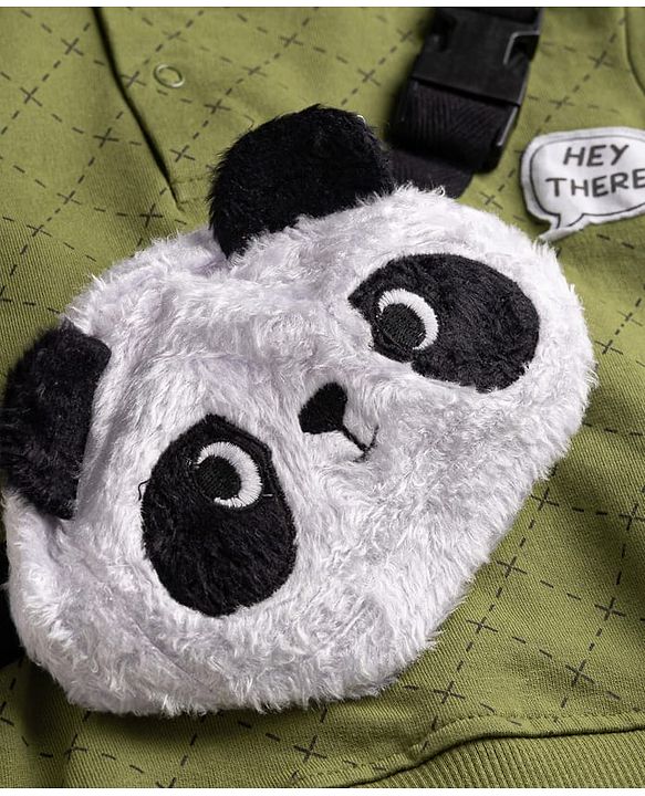 Babyhug 100% Cotton Knit Full Sleeves Checked Hooded T-Shirt & Jogger Set With Panda Applique - Green & Navy Blue