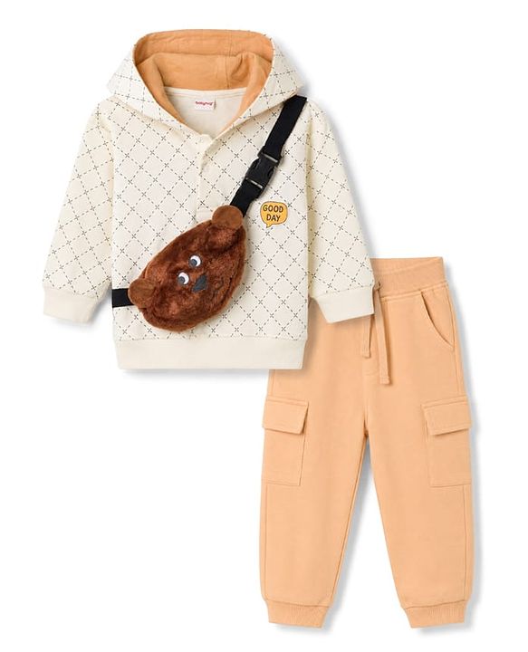 Babyhug 100% Cotton Knit Full Sleeves Checked Hooded Sweatshirt & Pant Set With Sling Bag Applique - OffWhite & Beige