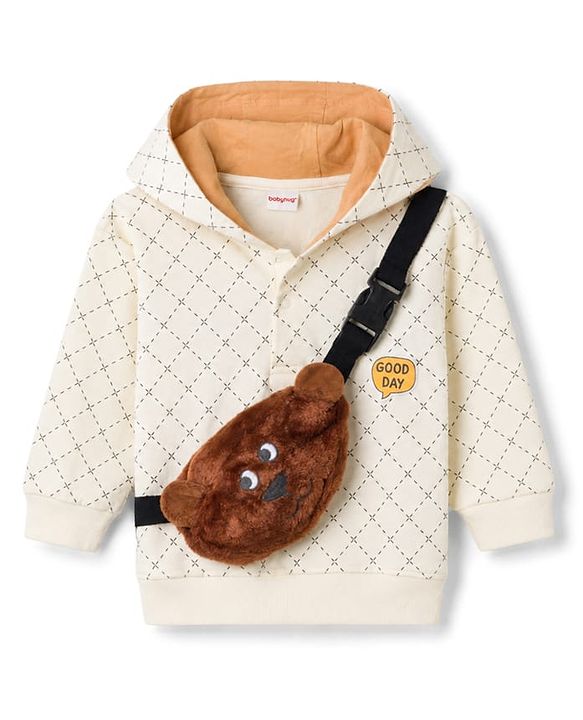 Babyhug 100% Cotton Knit Full Sleeves Checked Hooded Sweatshirt & Pant Set With Sling Bag Applique - OffWhite & Beige