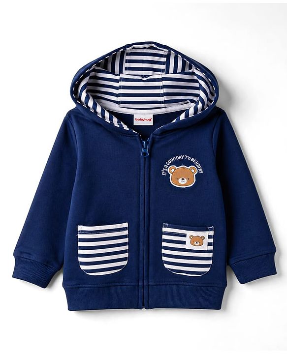 Babyhug 100% Cotton Knit Full Sleeves Striped & Bear Printed Winter Wear Set - Navy Blue & Brown