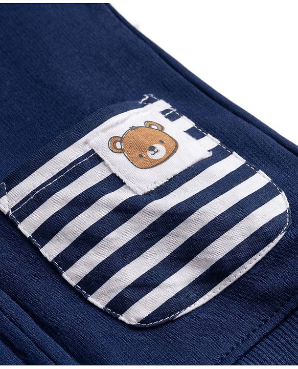 Babyhug 100% Cotton Knit Full Sleeves Striped & Bear Printed Winter Wear Set - Navy Blue & Brown