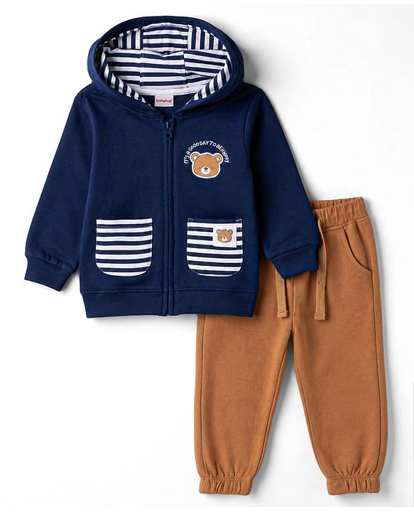 Babyhug 100% Cotton Knit Full Sleeves Striped & Bear Printed Winter Wear Set - Navy Blue & Brown