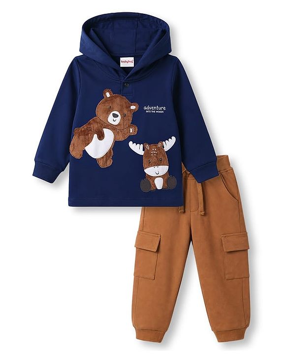 Babyhug 100% Cotton Terry Knit Full Sleeves Hooded T-Shirt & Lounge Pant Set with Bear Print - Navy
