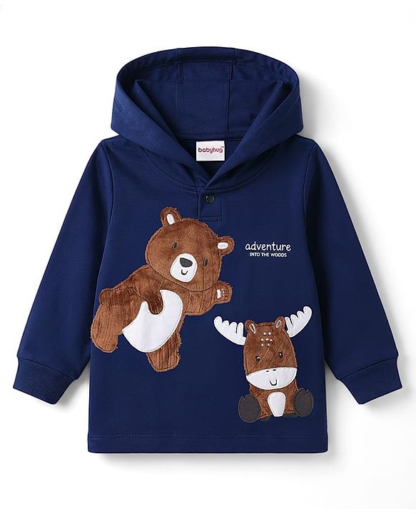 Babyhug 100% Cotton Terry Knit Full Sleeves Hooded T-Shirt & Lounge Pant Set with Bear Print - Navy