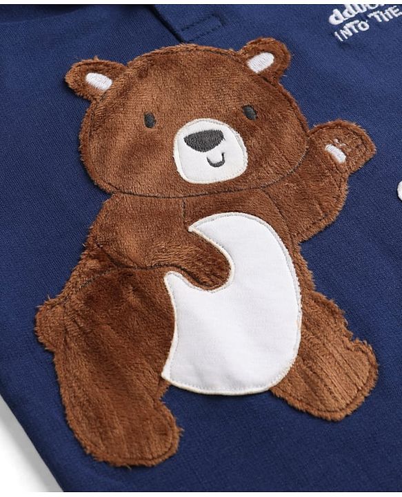Babyhug 100% Cotton Terry Knit Full Sleeves Hooded T-Shirt & Lounge Pant Set with Bear Print - Navy