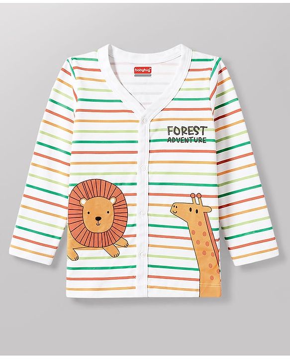 Babyhug 100% Cotton Interlock Knit Full Sleeves Striped T-Shirt & Pant Set With Animal Print - Multicolor