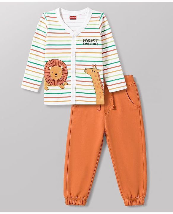 Babyhug 100% Cotton Interlock Knit Full Sleeves Striped T-Shirt & Pant Set With Animal Print - Multicolor