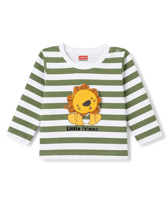 Babyhug Interlock Knit Full Sleeves Striped T-Shirt & Lounge Pant Set with Lion Applique - Multicolour
