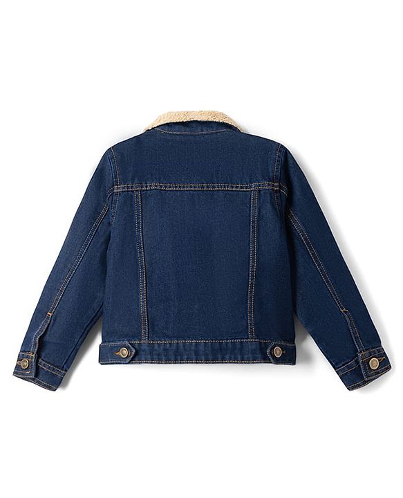 Pine Kids 100% Cotton Woven Full Sleeves Washed Denim Jacket With Fur Collar - Blue