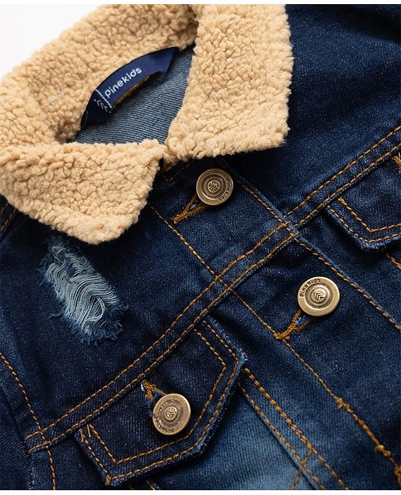 Pine Kids 100% Cotton Woven Full Sleeves Washed Denim Jacket With Fur Collar - Blue