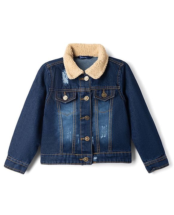 Pine Kids 100% Cotton Woven Full Sleeves Washed Denim Jacket With Fur Collar - Blue