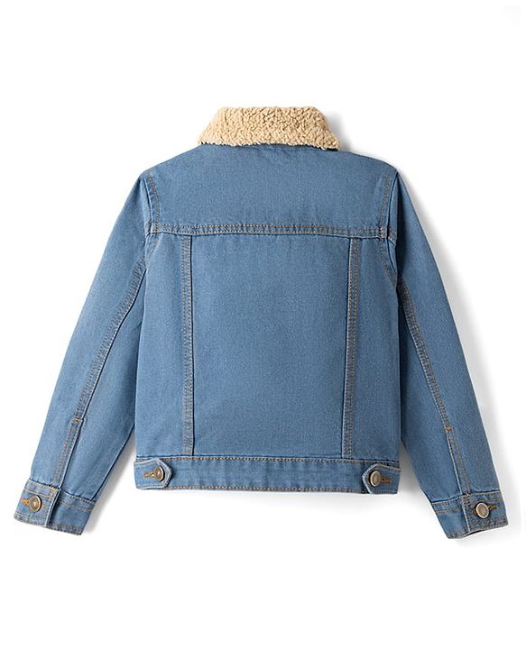 Pine Kids 100% Cotton Woven Full Sleeves Washed Denim Jacket With Fur Collar - Light Blue