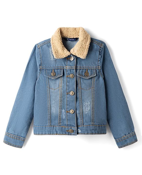 Pine Kids 100% Cotton Woven Full Sleeves Washed Denim Jacket With Fur Collar - Light Blue