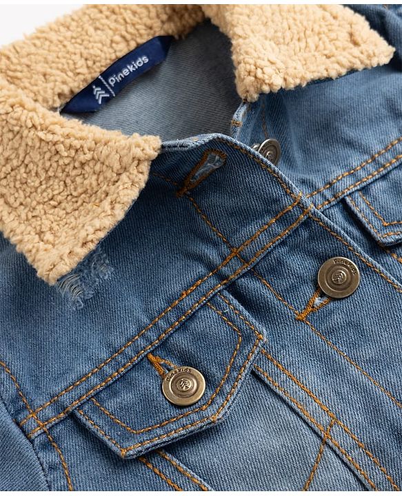 Pine Kids 100% Cotton Woven Full Sleeves Washed Denim Jacket With Fur Collar - Light Blue