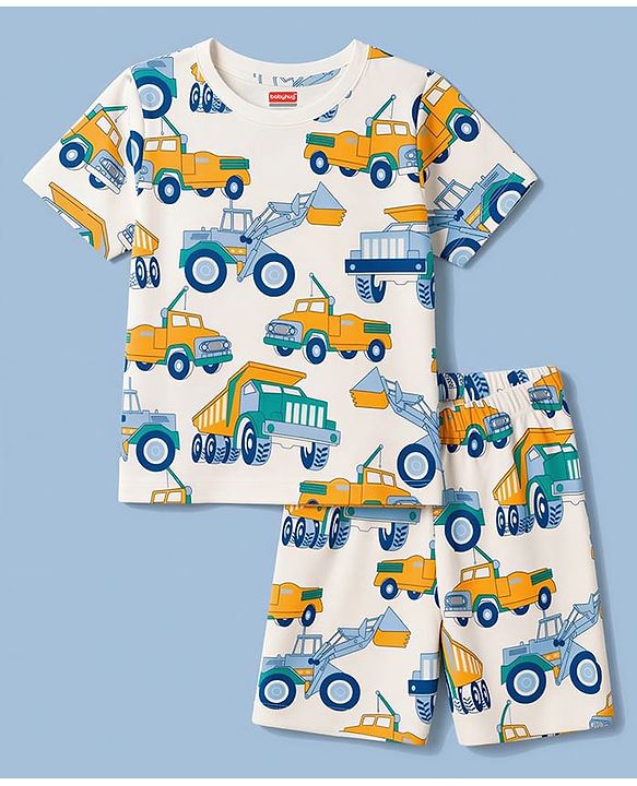 Babyhug Cotton Knit Half Sleeves Vehicles Printed Co-Ords T-Shirt & Shorts Night Suit - Cream