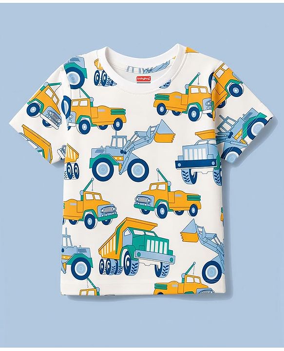 Babyhug Cotton Knit Half Sleeves Vehicles Printed Co-Ords T-Shirt & Shorts Night Suit - Cream