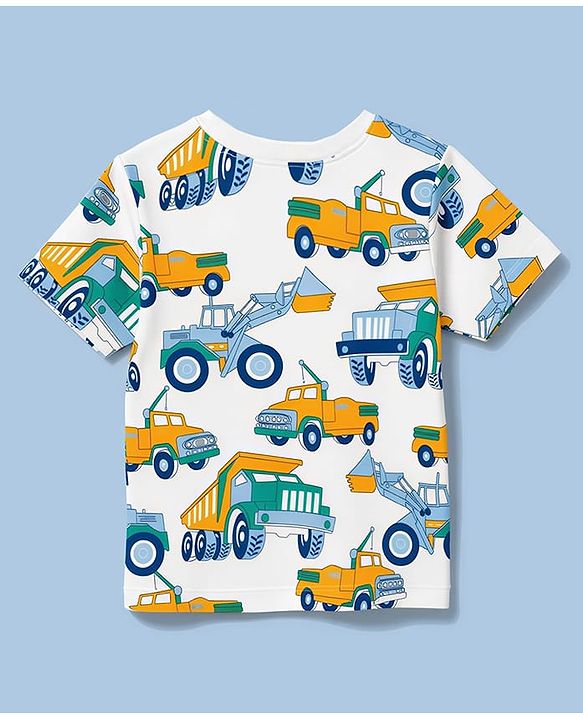 Babyhug Cotton Knit Half Sleeves Vehicles Printed Co-Ords T-Shirt & Shorts Night Suit - Cream