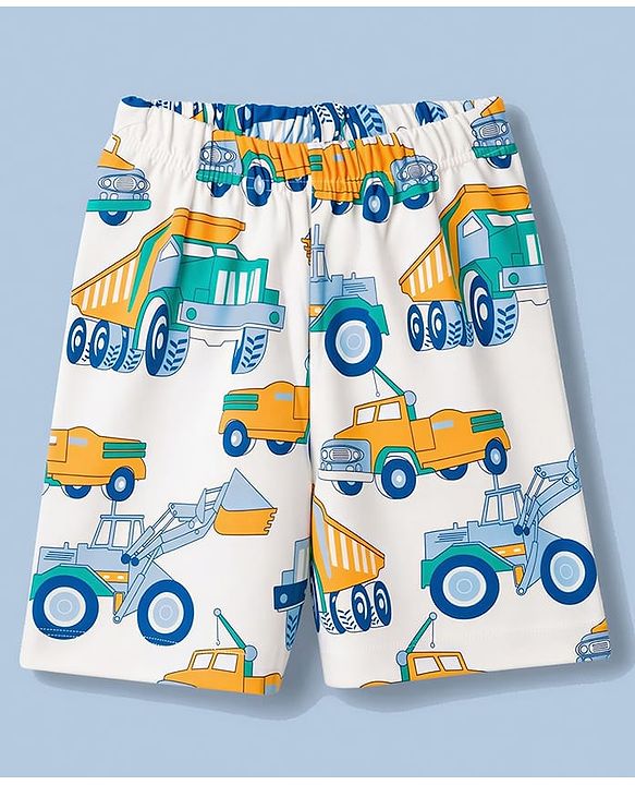 Babyhug Cotton Knit Half Sleeves Vehicles Printed Co-Ords T-Shirt & Shorts Night Suit - Cream