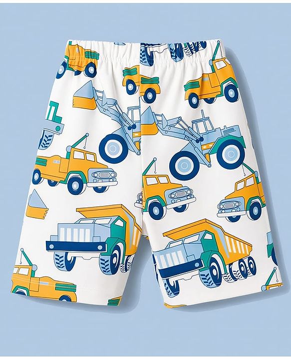 Babyhug Cotton Knit Half Sleeves Vehicles Printed Co-Ords T-Shirt & Shorts Night Suit - Cream
