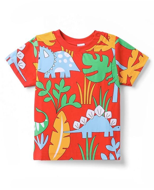 Babyhug 100% Cotton Knit Half Sleeves Dino Printed Co-Ords T-Shirt & Shorts Night Suit - Red