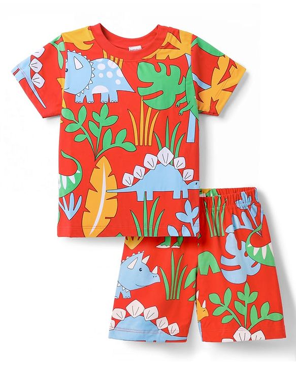Babyhug 100% Cotton Knit Half Sleeves Dino Printed Co-Ords T-Shirt & Shorts Night Suit - Red