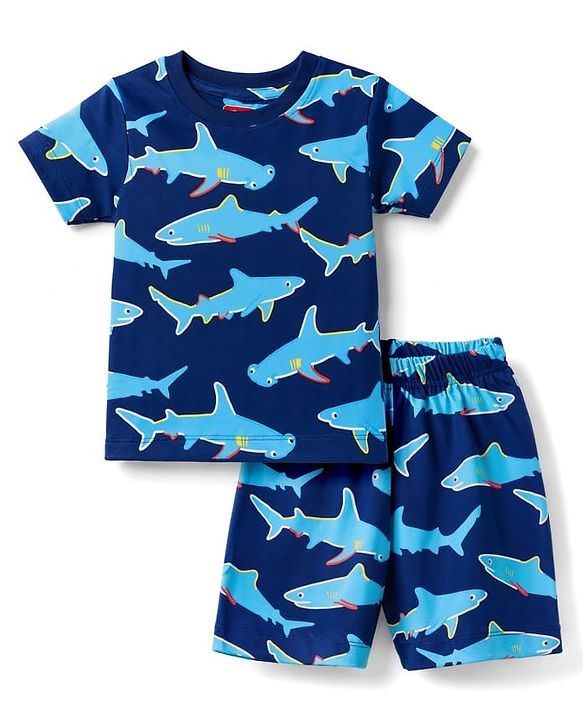 Babyhug 100% Cotton Knit Half Sleeves Sea Life Printed Co-Ords T-Shirt & Shorts Night Suit - Navy Blue