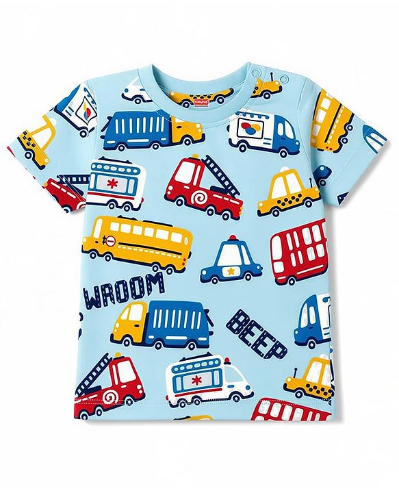 Babyhug 100% Cotton Knit Half Sleeves Vehicles Printed Co-Ords T-Shirt & Shorts Night Suit - Light Blue