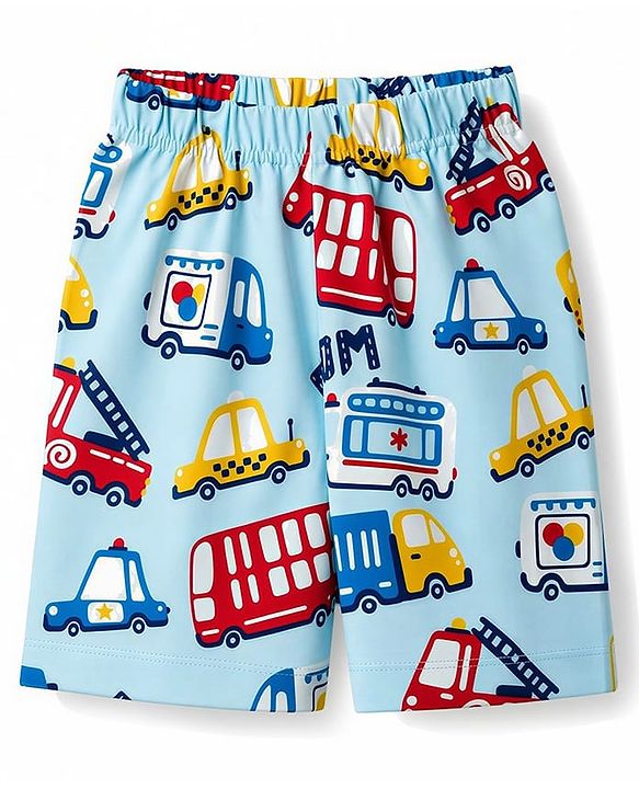 Babyhug 100% Cotton Knit Half Sleeves Vehicles Printed Co-Ords T-Shirt & Shorts Night Suit - Light Blue