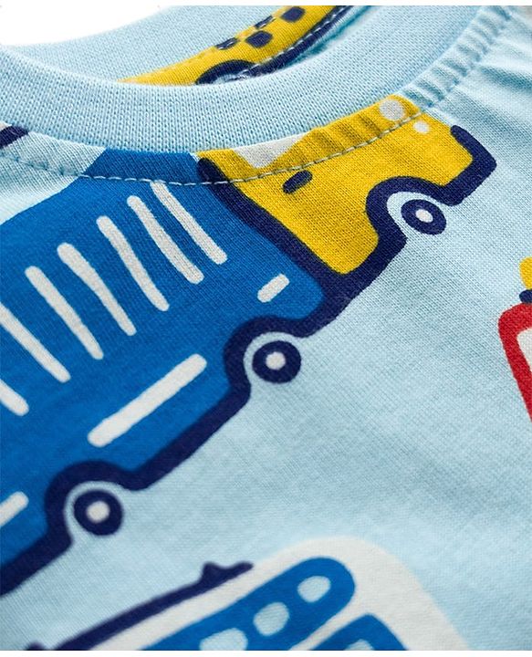 Babyhug 100% Cotton Knit Half Sleeves Vehicles Printed Co-Ords T-Shirt & Shorts Night Suit - Light Blue