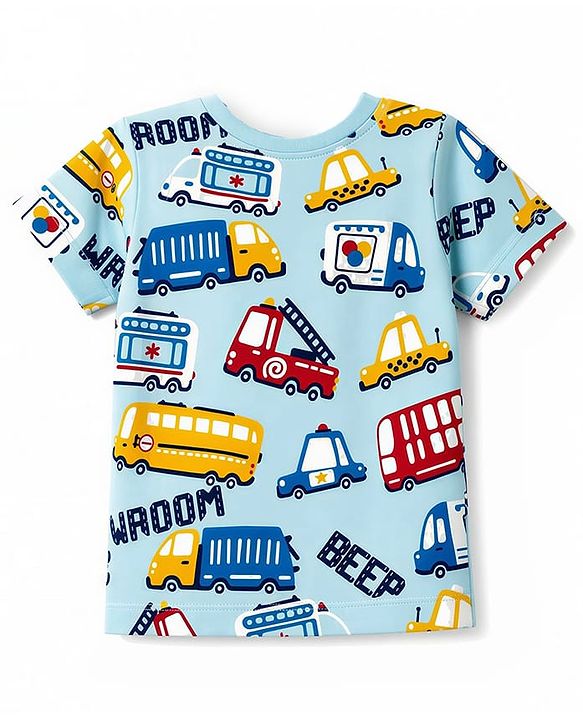 Babyhug 100% Cotton Knit Half Sleeves Vehicles Printed Co-Ords T-Shirt & Shorts Night Suit - Light Blue